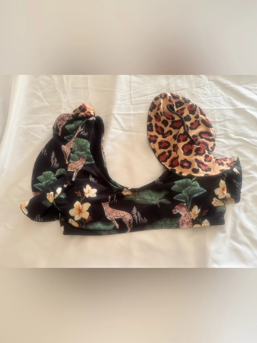 High-Waist Ruffle Leopard Print Swim Shorts - Black & Brown